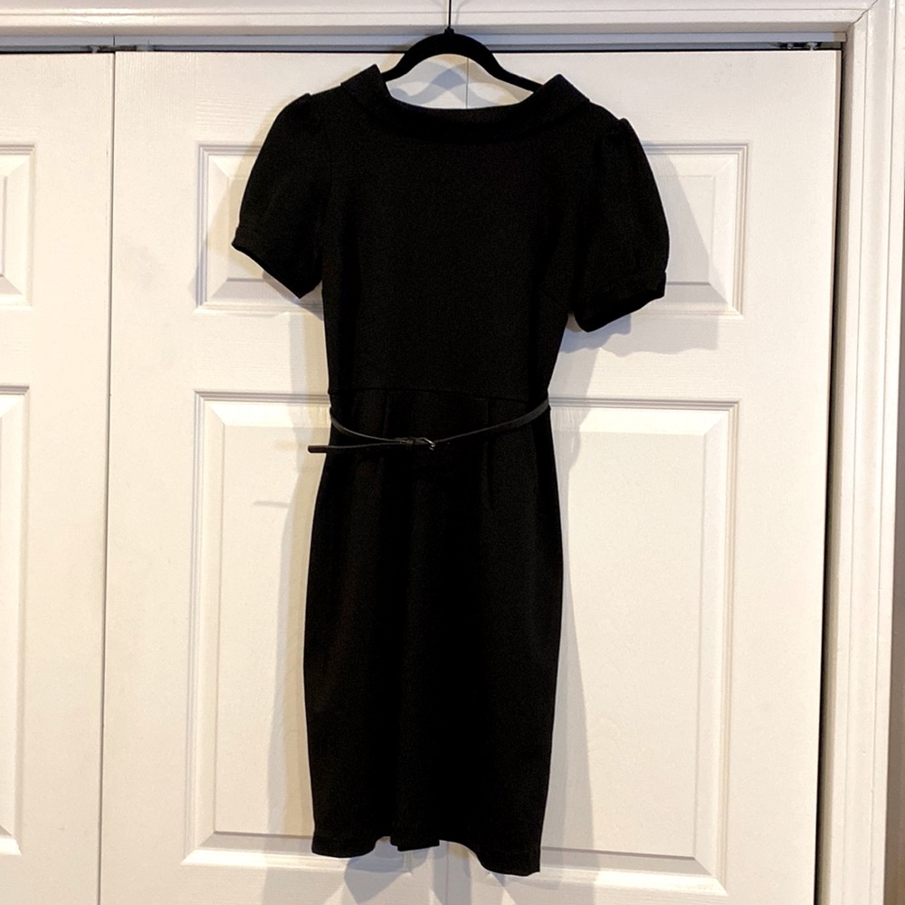 Puffy short sleeve midi stretch dress with belt, collar detail Calvin Klein SZ 2